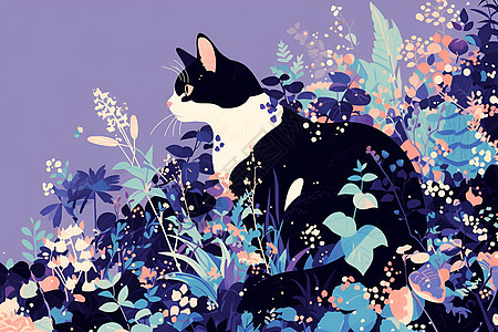 猫咪置身于紫色花丛中图片