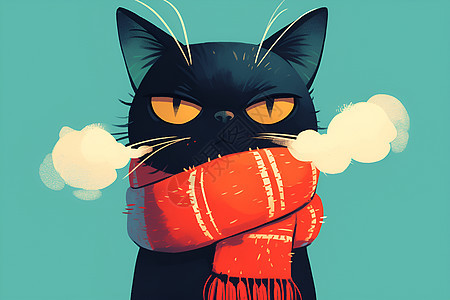 戴着红色围巾的猫咪图片