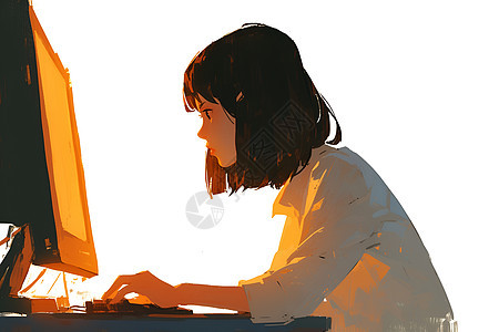 电脑前的少女插图图片