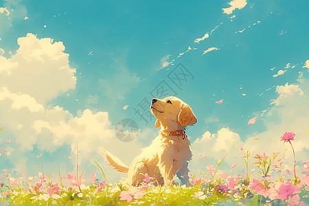 狗狗在花海中仰望蓝天图片