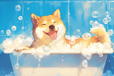 浴缸中的柴犬图片