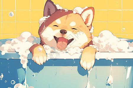 浴缸中吐舌头的小狗图片