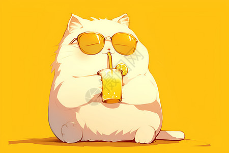 正在喝橙汁的小猫图片