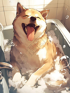 柴犬在泡泡浴缸中图片