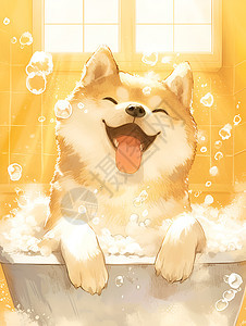 欢乐泡泡浴中的柴犬图片