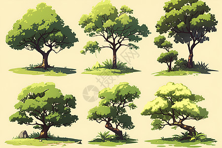 绘画的绿树插画图片