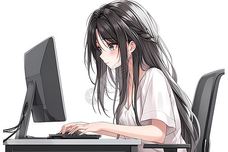 女孩办公桌上的电脑图片