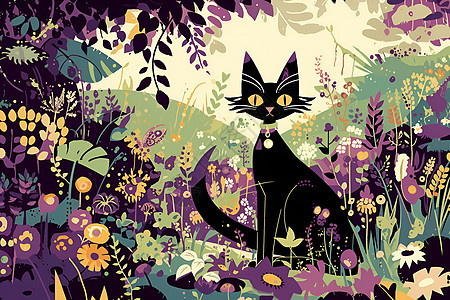 黑猫坐在花草丛中图片