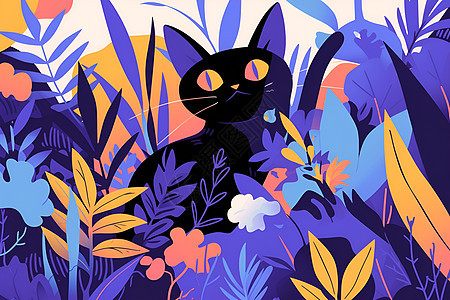 紫色植物中的猫咪图片