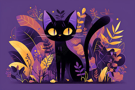 黑猫在植物的环绕中图片