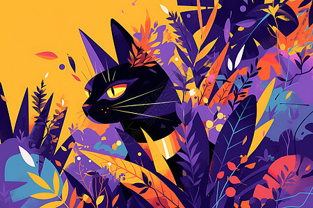 花丛中神秘的黑猫图片