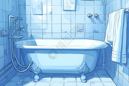 蓝色浴室的浴缸图片