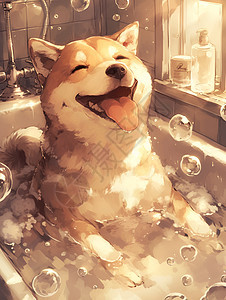 浴缸中的快乐柴犬图片