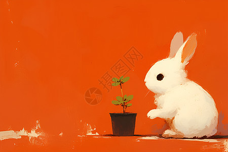 盆栽旁的兔子图片