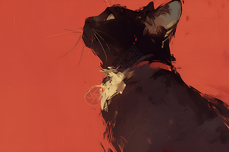红色背景下的黑猫图片