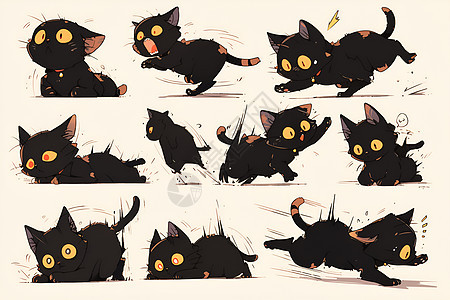 黑色猫咪们欢快奔跑图片