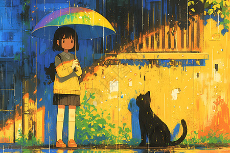 雨中少女和猫咪图片