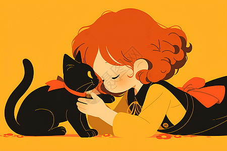 小女孩和黑猫图片