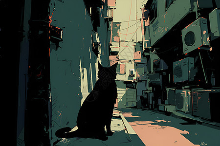 胡同中一只猫坐在街道上图片