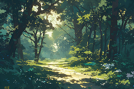阳光照耀下的林间小路图片