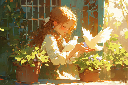 阳光下小女孩和鸟儿玩耍图片
