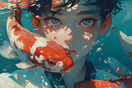 水中男孩手和红色锦鲤图片