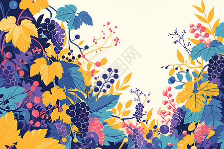 葡萄与叶子的卡通场景图片