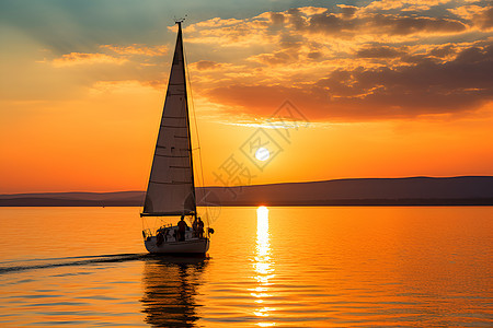 夕阳下海上的帆船图片
