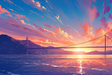 日落桥横跨海面图片