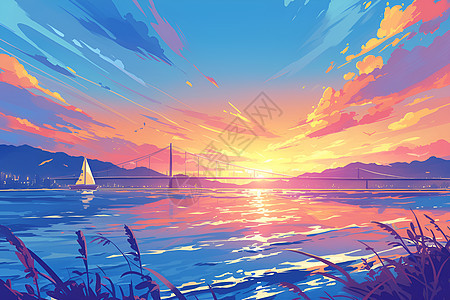 彩色卡通风格的海洋落日图片