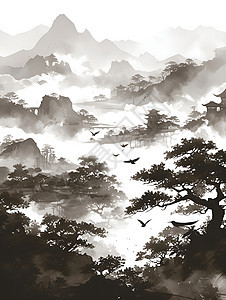 清晰的中式风景插画图片