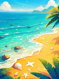 金色沙滩美景插画图片