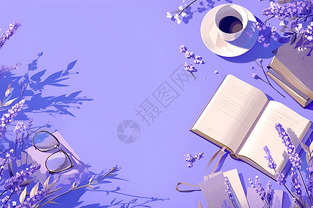 紫色背景上的书本和植物图片