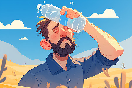 男人拿着水瓶在沙漠中图片