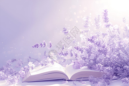展示的书本和紫色花卉图片