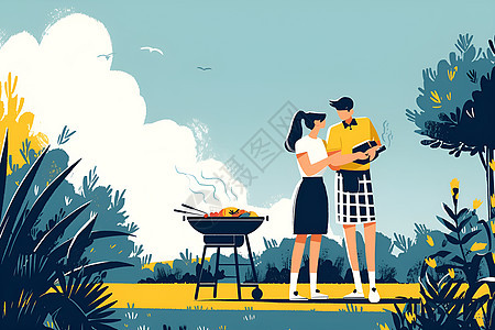 户外烧烤的情侣图片