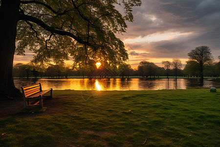 日落时分公园的湖边图片