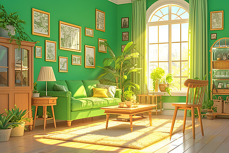绿色墙壁的客厅图片
