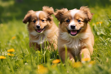 草地中玩耍的小狗图片