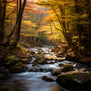 秋日森林的溪流图片