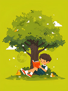 小男孩在树下享受阅读时光图片