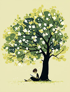 绿树下的小男孩阅读图片