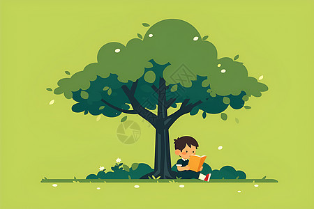 绿树下的小男孩阅读图片