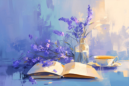 书和花瓶里的薰衣草图片