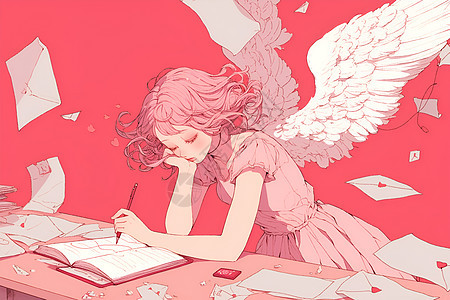 天使在粉纸上书写图片