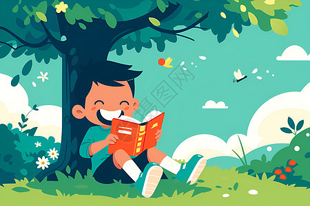 快乐男孩在树下阅读书籍图片