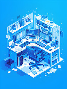蓝色办公室插画图片