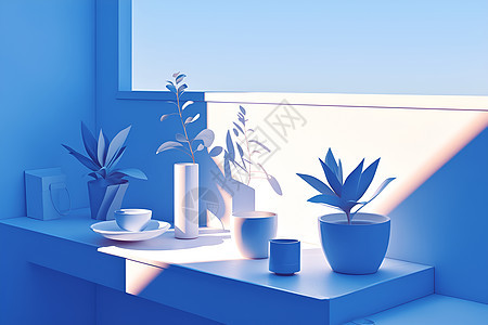 房间里的植物与窗景图片
