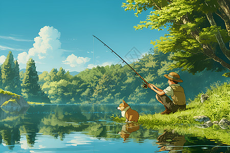 小男孩和小狗在河边钓鱼图片