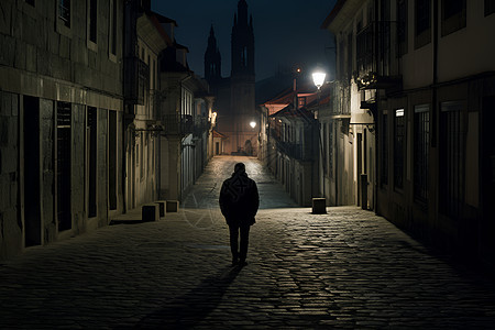 夜幕下的城市中闪耀着时钟塔的黑暗巷道图片